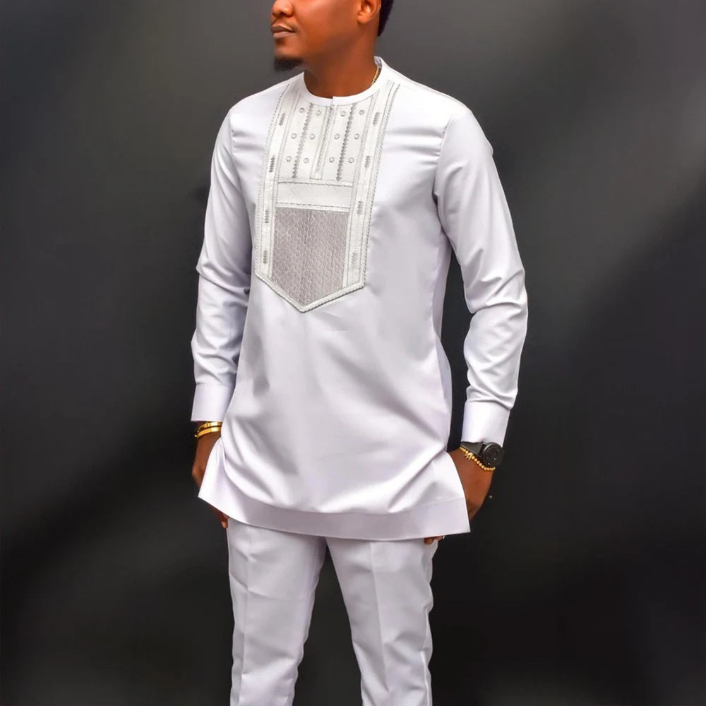 Dashiki Men Clothing 2 Pieces Long Sleeve Outfit African Clothes For Men Solid Color Casual Riche Shirt Pant Full Men‘s Suits