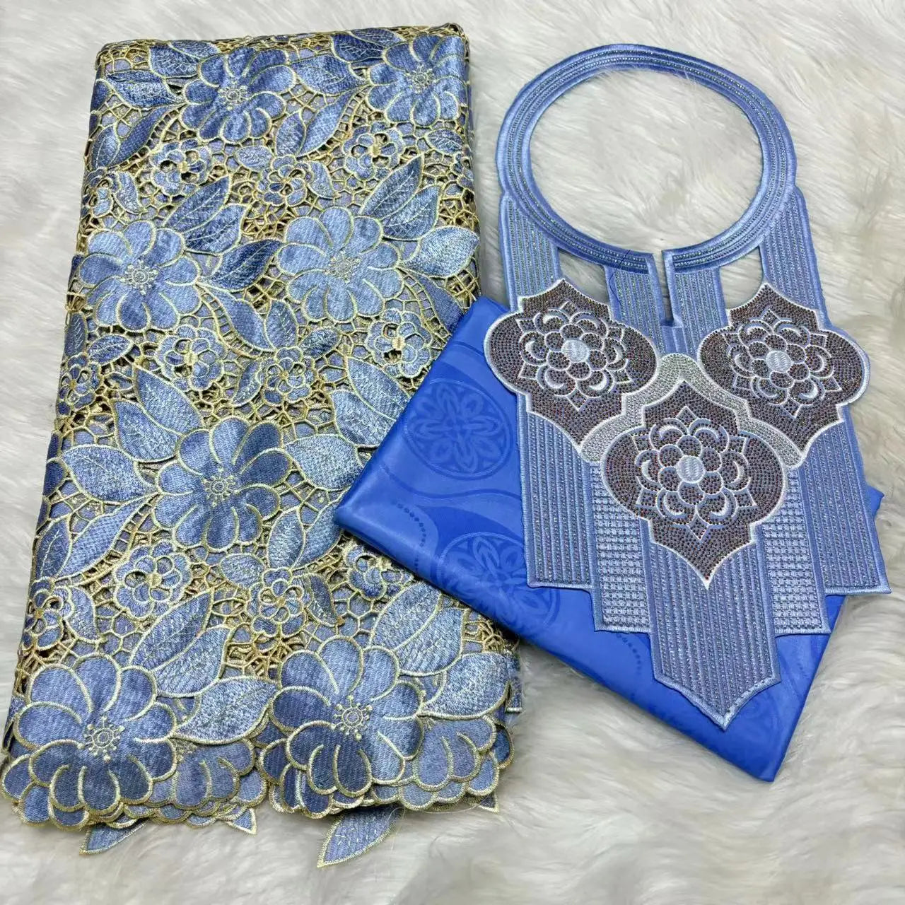 2024 High Quality 2.5yards Bazin Riche Brocade Fabric +2.5 Yards African Cotton Lace Fabric with Collar Set for Dress  M4-1212-1