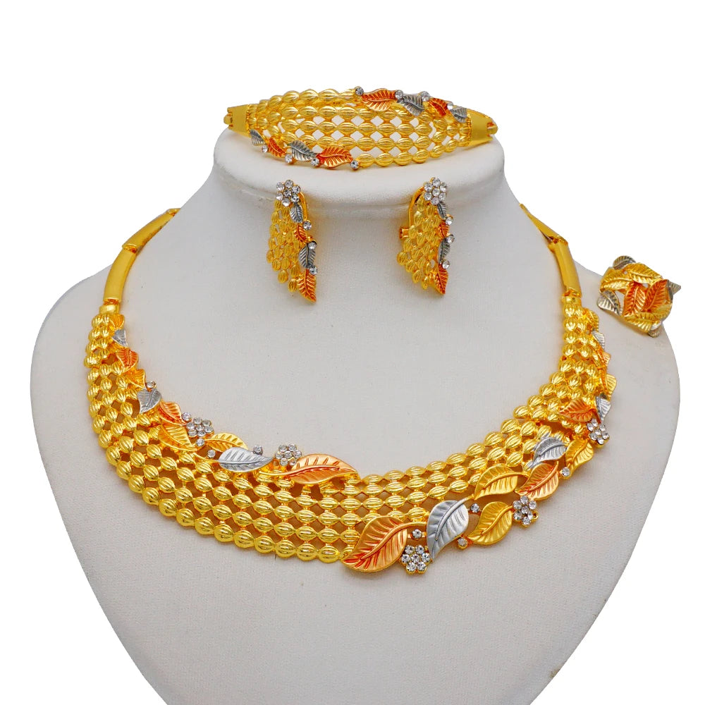 Necklace Sets For Women Dubai African Gold Color Jewelry Set Bride Earrings Rings Indian Nigerian Wedding Jewelery Set Gift