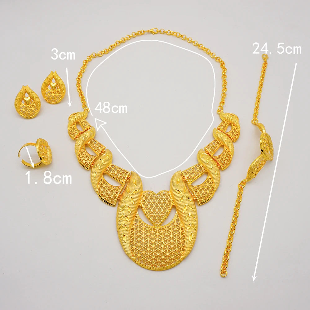 Trendy Nigerian Dubai Gold Color Jewelry Set For Women Tassel Long Chain Bridal Long Necklace Bracelet Earring Ring Wedding Sets