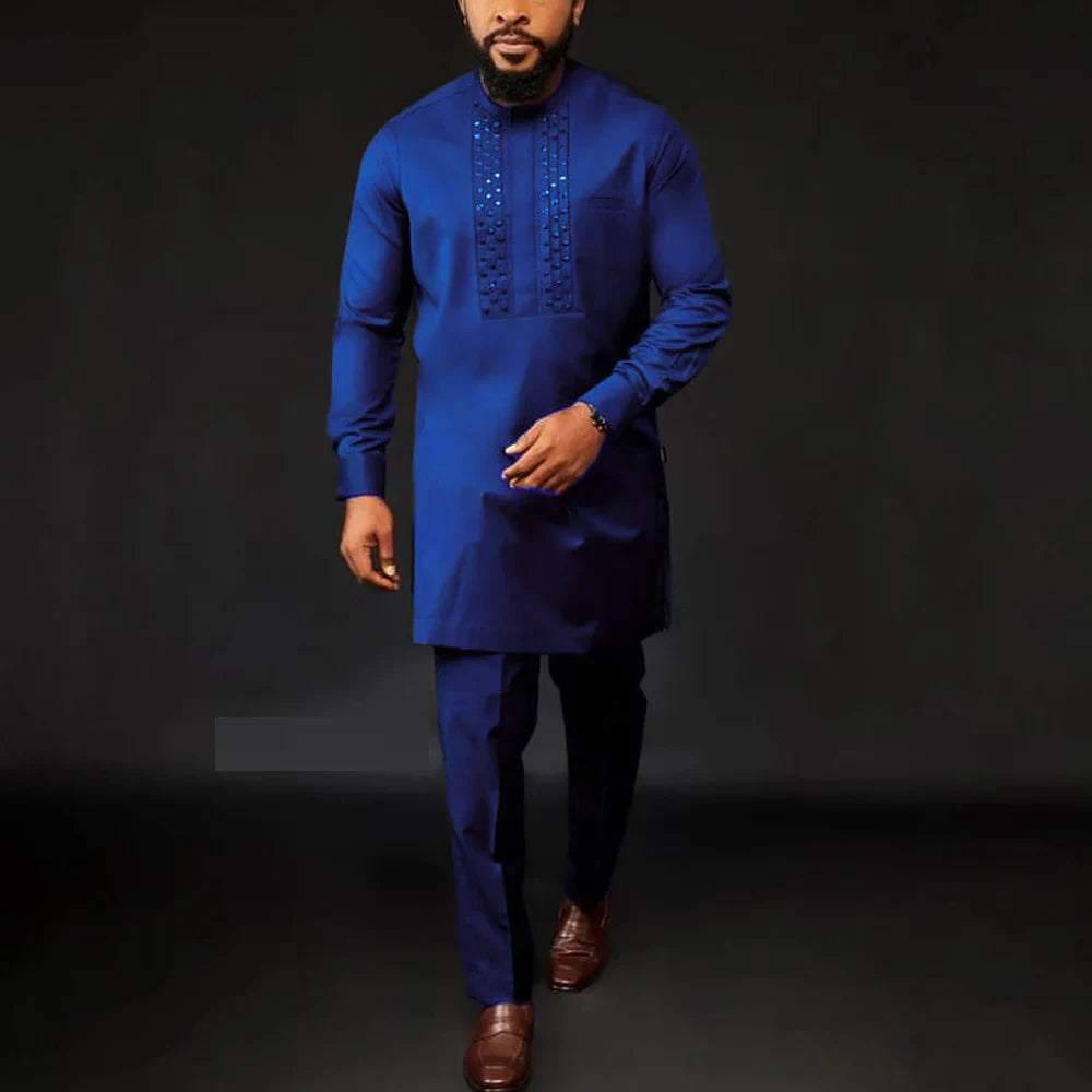 2026 Men's Elegant Long Sleeve Suit Shirt Pants 2-piece Round Neck Stitching Solid Color Party Long Sleeve African Ethnic Style