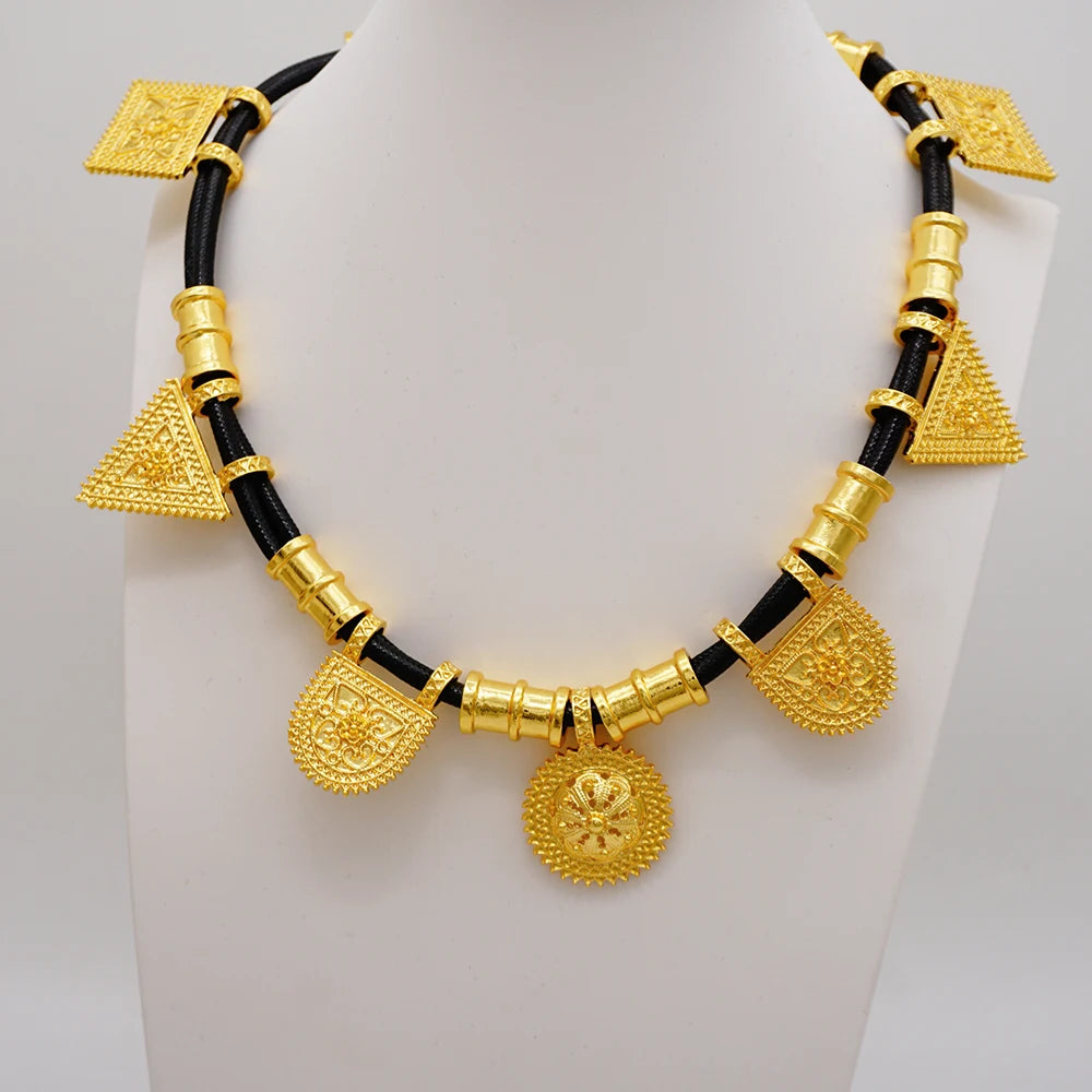 Trendy Nigerian Dubai Gold Color Jewelry Set For Women Tassel Long Chain Bridal Long Necklace Bracelet Earring Ring Wedding Sets