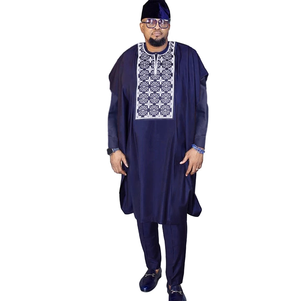 H&D African Suit For Men Robe Shirt Pants Set Long Sleeve Tops Embroidery Agbada Clothes Blue Africain Homme Traditional Robes