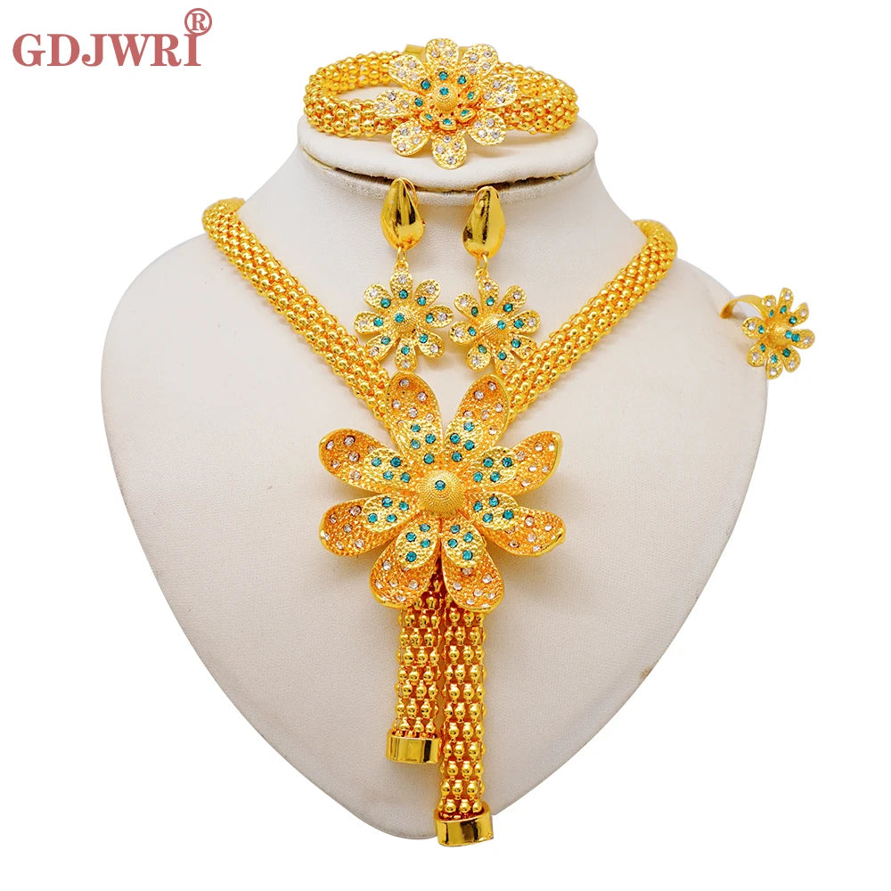 Nigeria Dubai Gold Color Fine Flowers Jewelry Sets African Wedding Gifts Party For Women Bracelet Necklace Earrings Ring Set