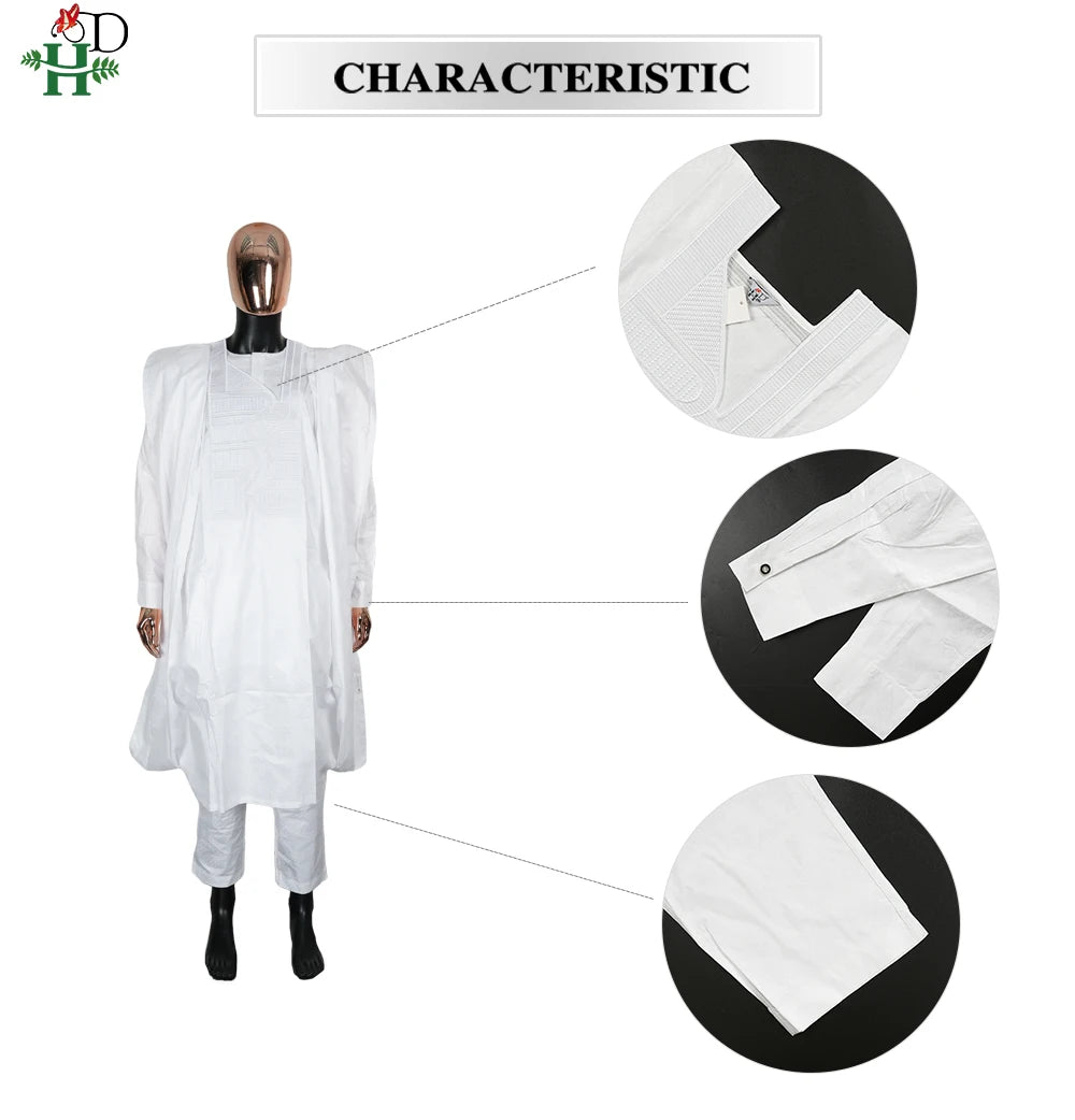 African Clothes Embroidery Bazin Riche Bubu Gown For Men Church Party Wedding Thobe 3 PC Top and Pants White Suit Set Daily Wear