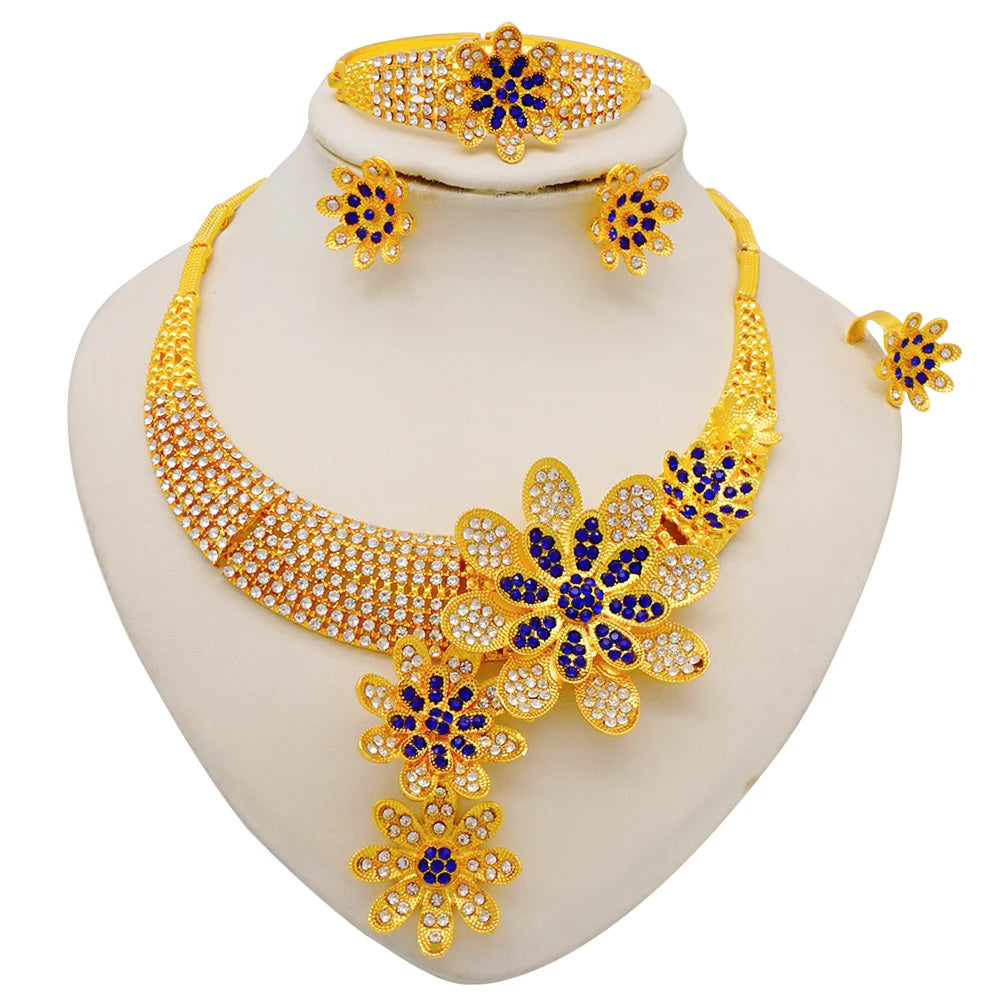 Dubai Gold Color Jewelry Set For Woman Bridal Nigerian African Long Chain Necklace Earrings Bracelet Ring Jewellery Set