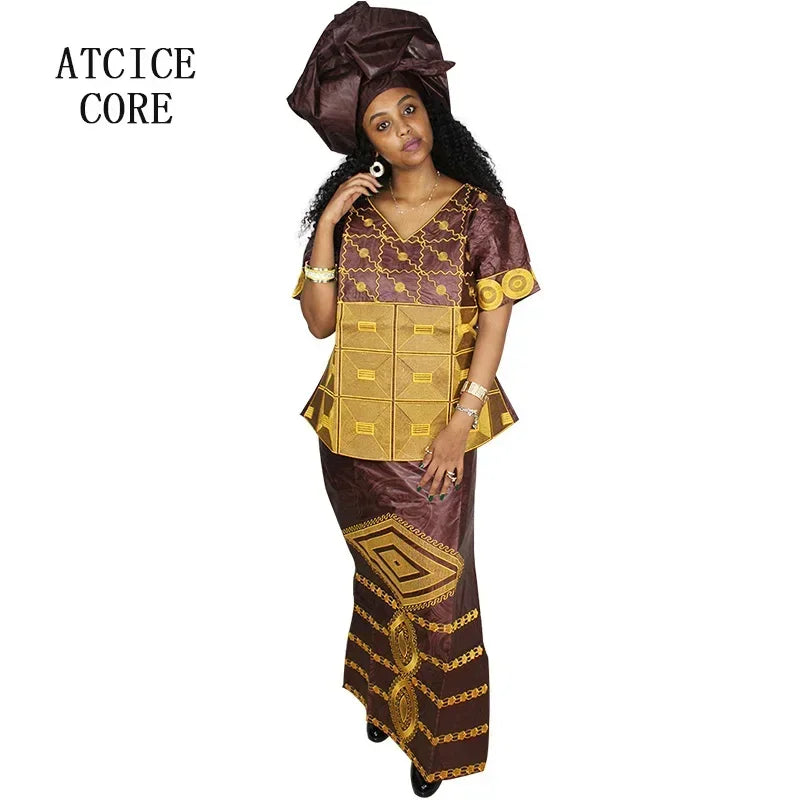 African Dresses For Woman Bazin Riche Embroidery Design Big Size Top Wrapper Scarf