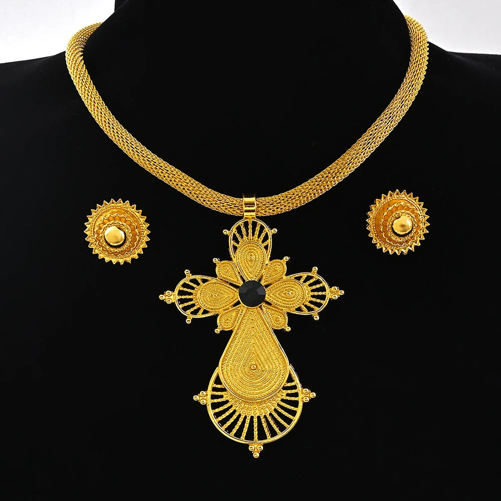 Saudi Arabia 24K Gold Color Ethiopia Women Jewelry Necklace Earring African Arab Bridal Set Habesha Eritrea Party Gift