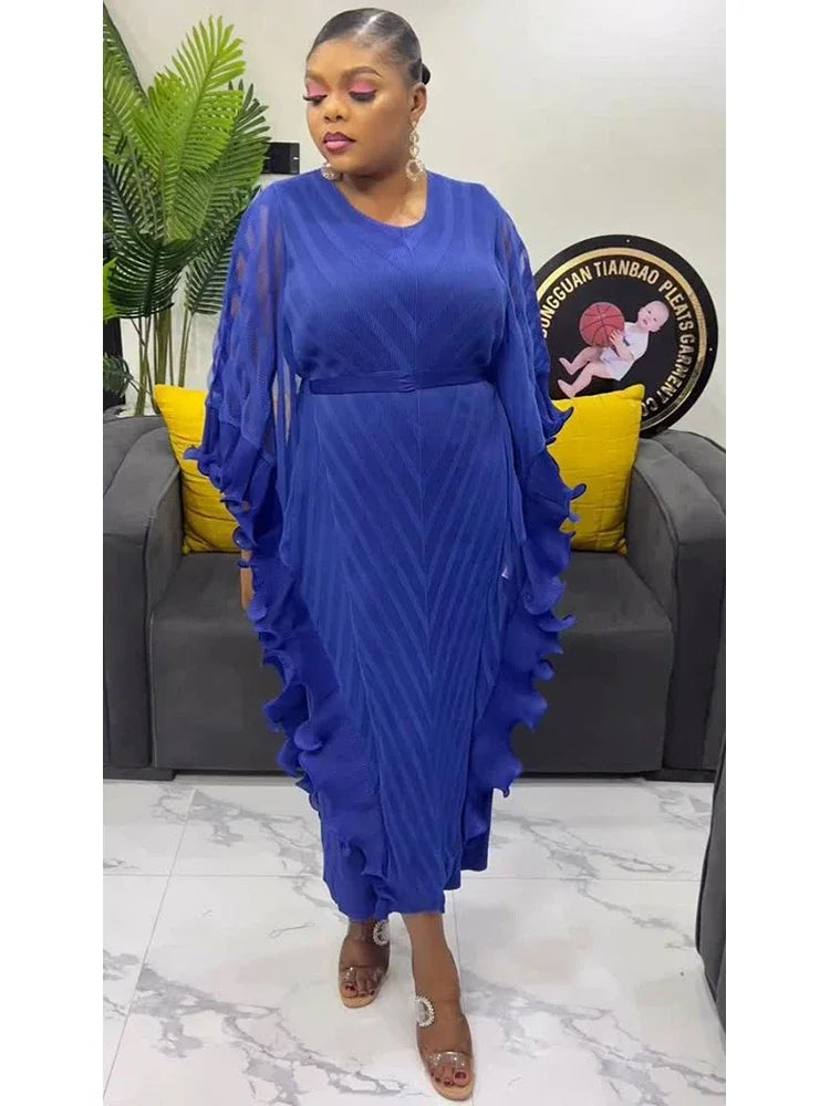 ANLAN Ruffles Pleated Dress Women V Neck Hanging Loose Style Dresses with Belt Female Elegant Clothing Spring 2025 New 2AN9083