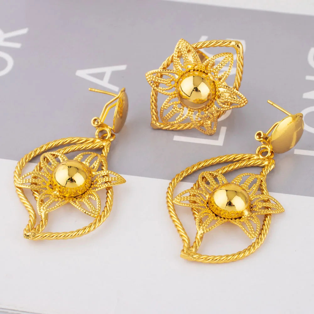 Exaggerated Gold Color Hollow Flower Shape Necklace Earrings Ring Bracelet Set for Women Gold Plated Jewelry Gift for Party