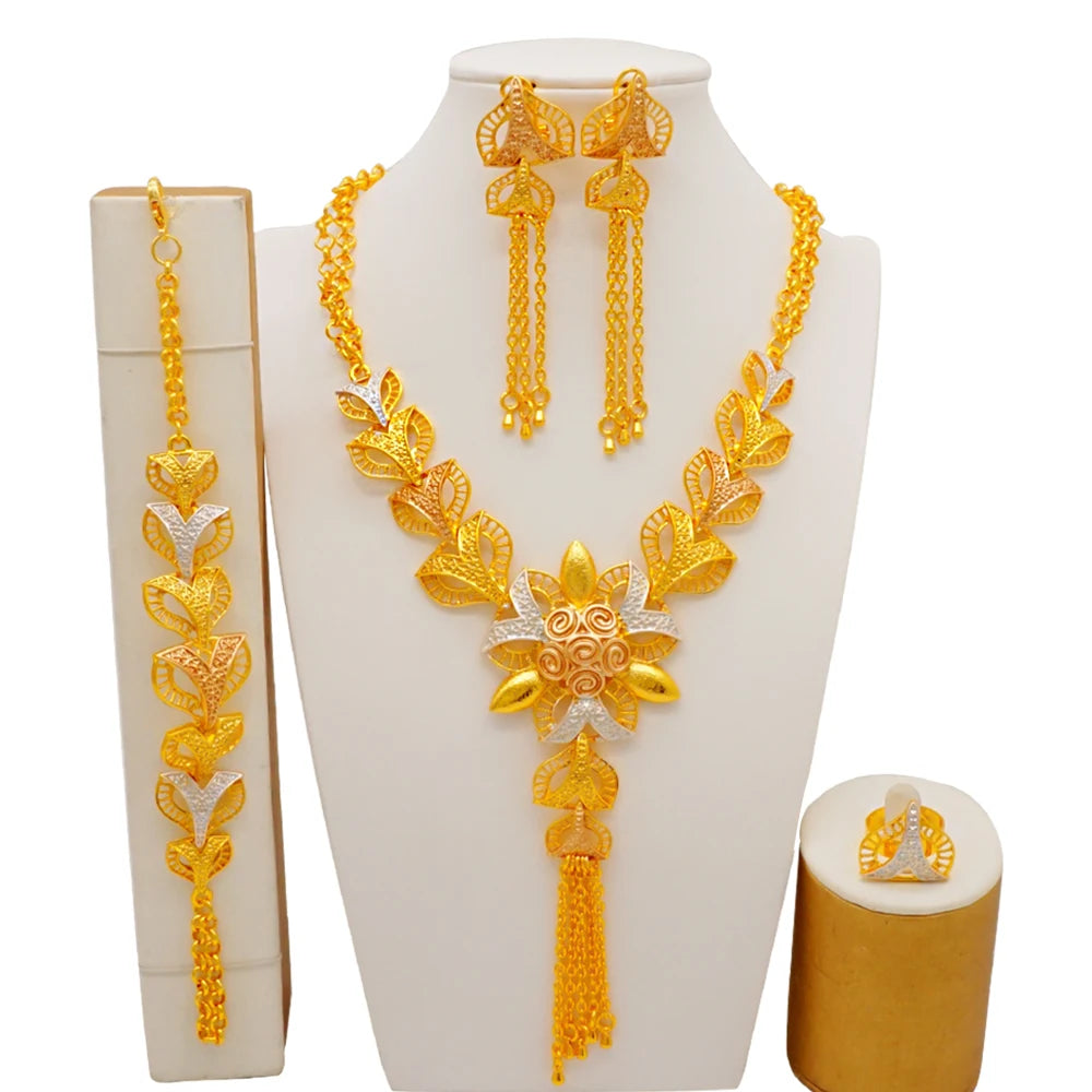 Trendy Nigerian Dubai Gold Color Jewelry Set For Women Tassel Long Chain Bridal Long Necklace Bracelet Earring Ring Wedding Sets