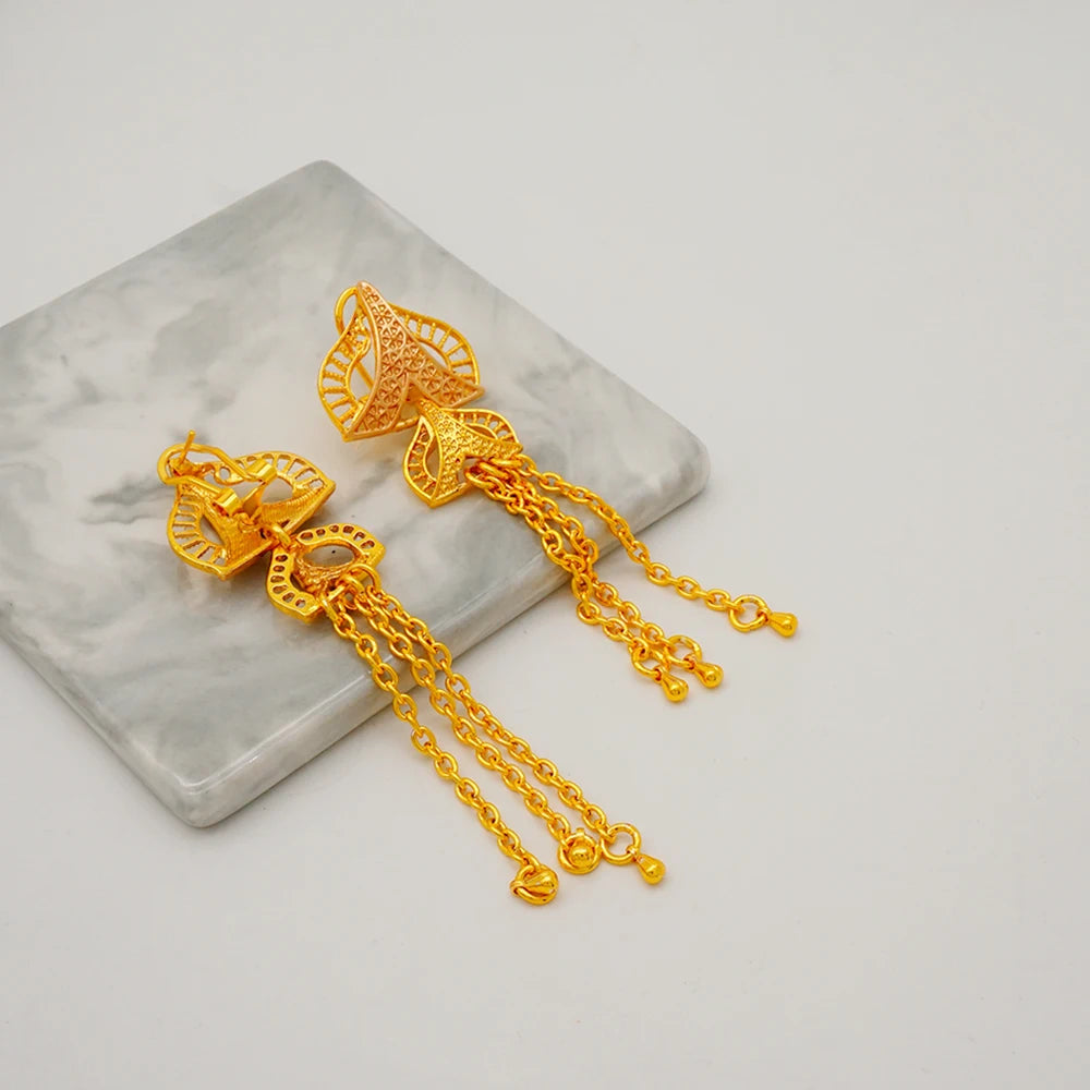 Trendy Nigerian Dubai Gold Color Jewelry Set For Women Tassel Long Chain Bridal Long Necklace Bracelet Earring Ring Wedding Sets