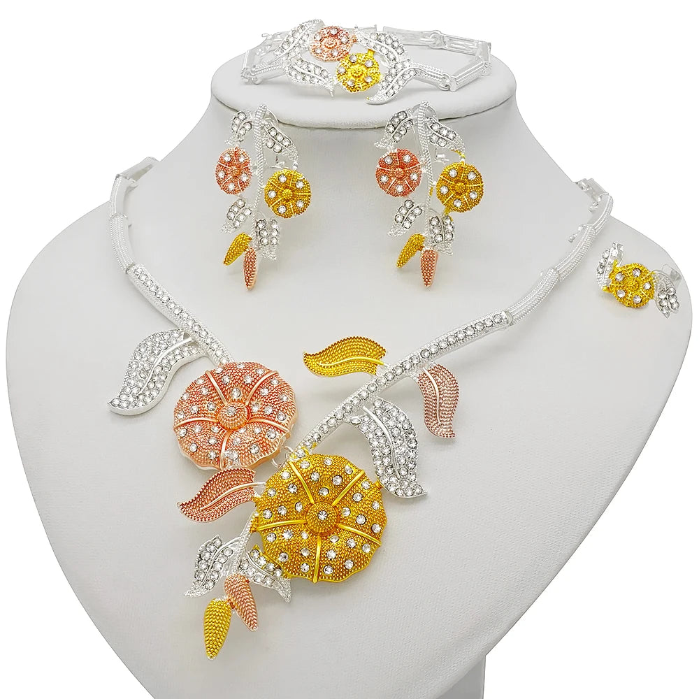 Nigeria Dubai Gold Color Fine Flowers Jewelry Sets African Wedding Gifts Party For Women Bracelet Necklace Earrings Ring Set