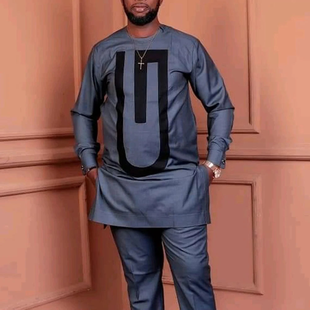 Dashiki Men Clothing 2 Pieces Long Sleeve Outfit African Clothes For Men Solid Color Casual Riche Shirt Pant Full Men‘s Suits