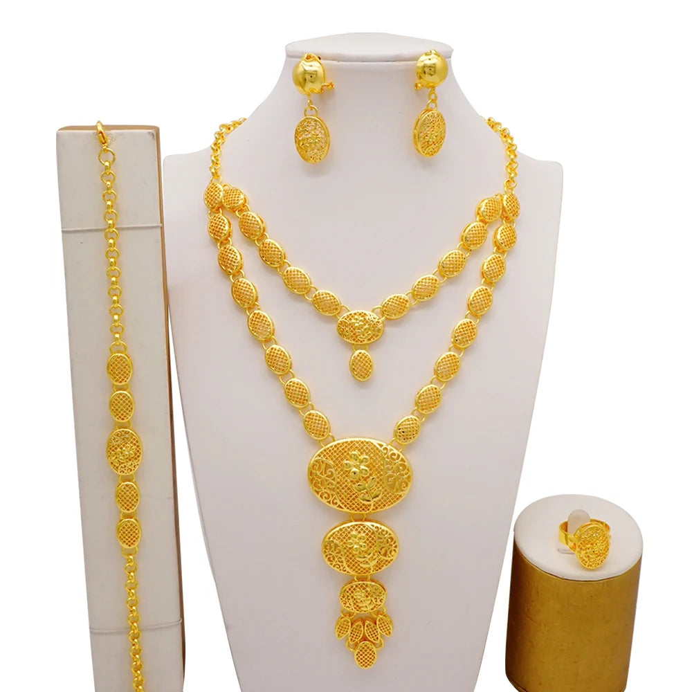 Dubai Gold Color Jewelry Set For Woman Bridal Nigerian African Long Chain Necklace Earrings Bracelet Ring Jewellery Set