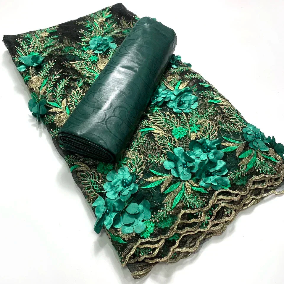 2.5 +2.5 Yards Latest African Lace Fabric 2025 High Quality Embroidered 3d Nigerian France Tulle Bazin Riche for Wedding Dress