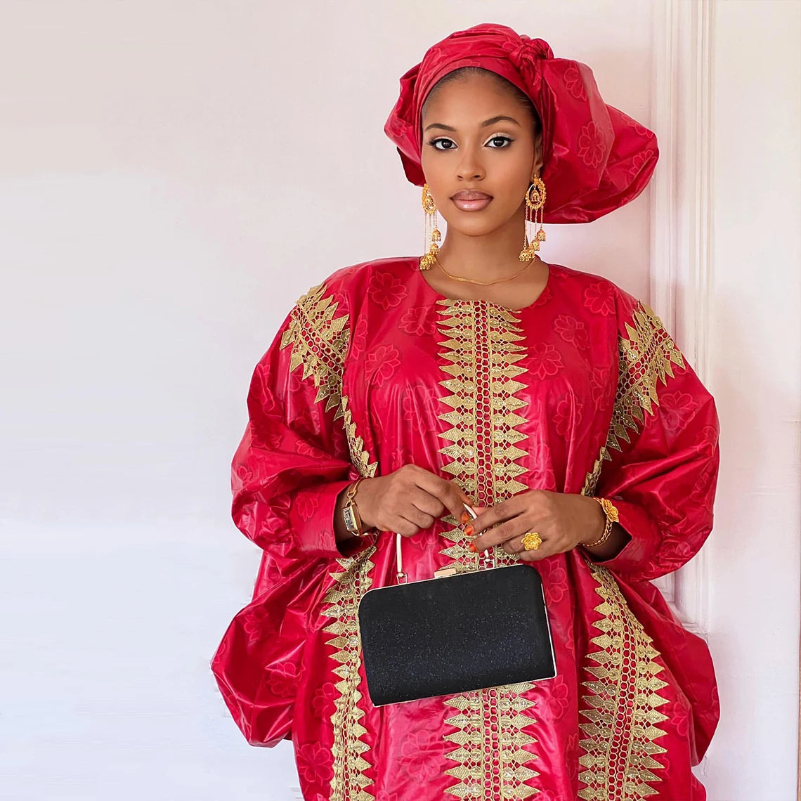 African Red Boubou Bazin Riche Wedding Bride Dress 2024 Latest Nigerian Mali Mix Size Dashiki With Gold Dust Embroidery Gown