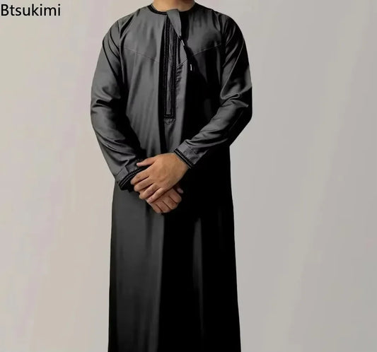 New Men's Muslim Fashion Abayas Dress O Neck Long Sleeve Pullover Kaftan Pakistan Saudi Arab Caftan Islamic Clothing Prayer Robe