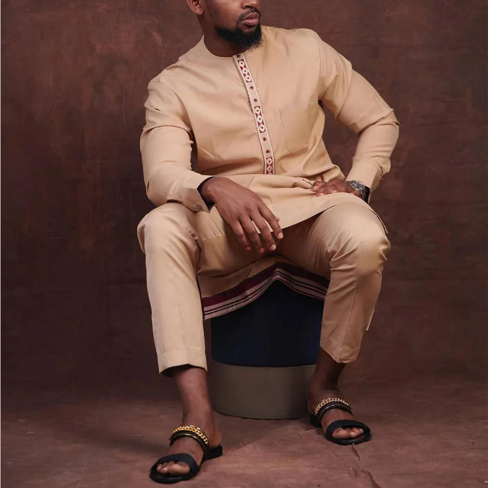 New Men's Sets African Men's Suit Long Sleeve Embroidery Ethnic Style Shirt and Pants 2Piece Outfit Social Male Designer Clothes