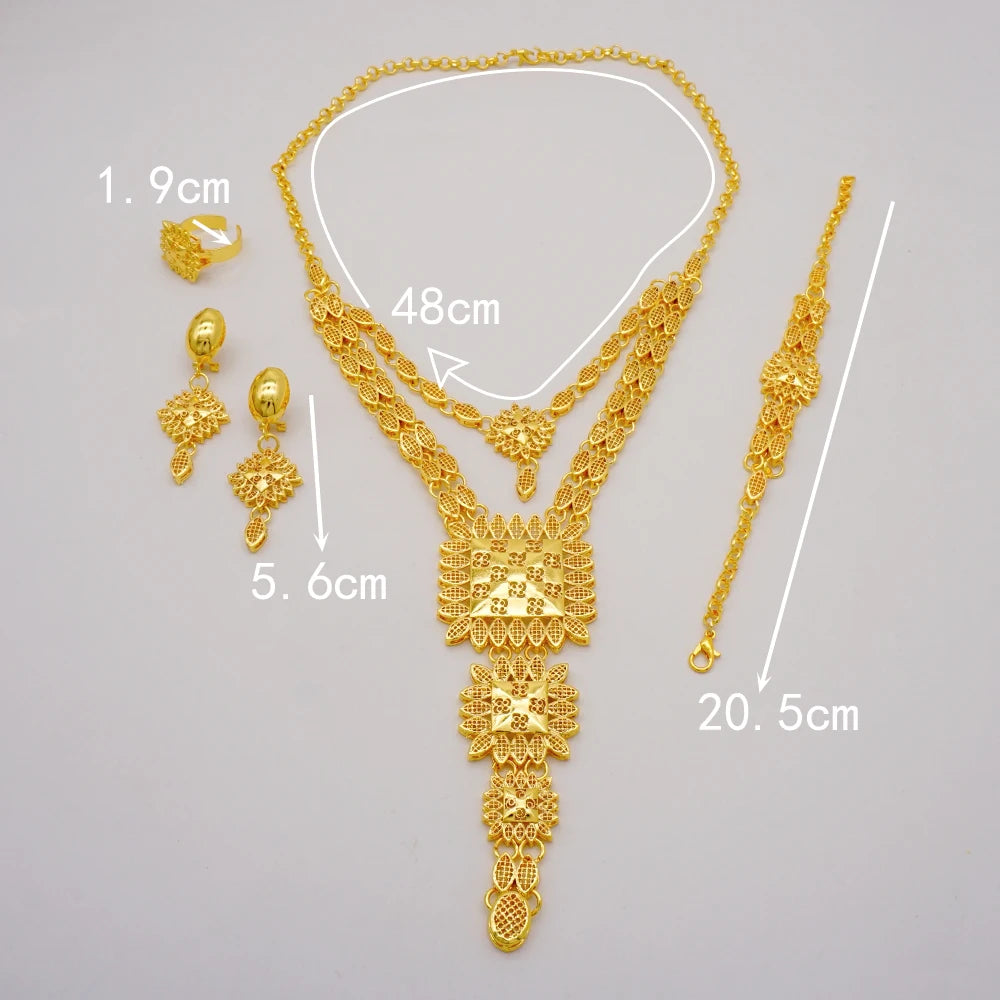 Dubai Gold Color Jewelry Set For Woman Bridal Nigerian African Long Chain Necklace Earrings Bracelet Ring Jewellery Set