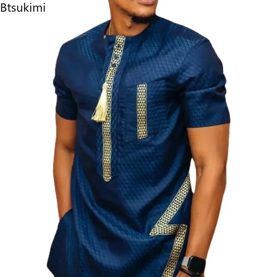 2025 Men's Summer African T-Shirt Fashion Neck Print Short Sleeve Tee Africa Dashiki Simple Casual National Style T-Shirt Male