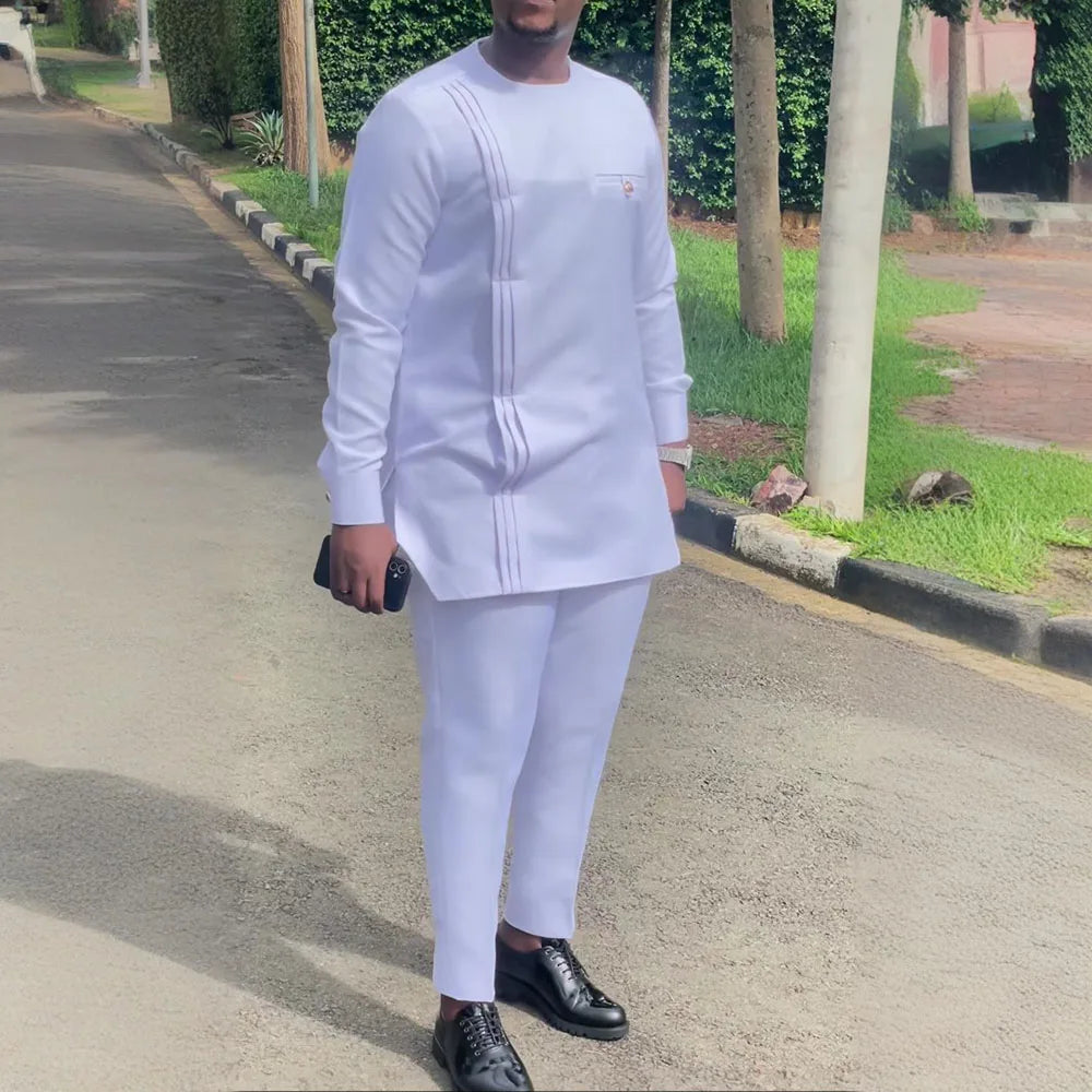 2026 Men's Elegant Long Sleeve Suit Shirt Pants 2-piece Round Neck Stitching Solid Color Party Long Sleeve African Ethnic Style