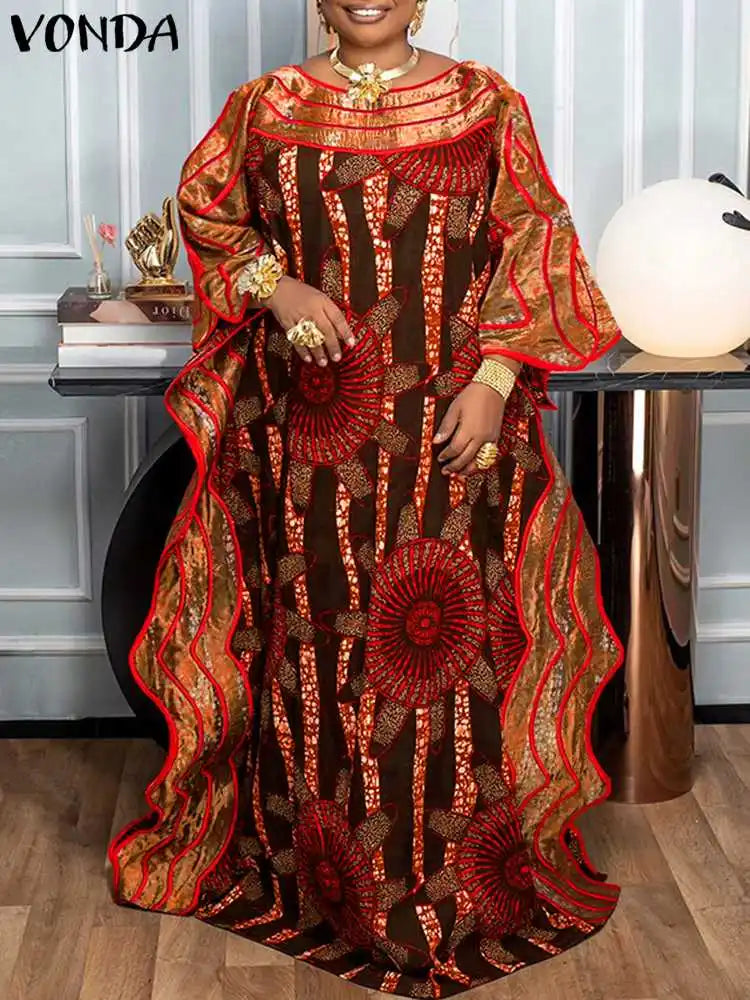 Plus Size 5XL VONDA Bohemian Women Long Dress Summer Printed Ruffled Maxi Sundress Flare Sleeve Loose Casual Robe Party Vestidos
