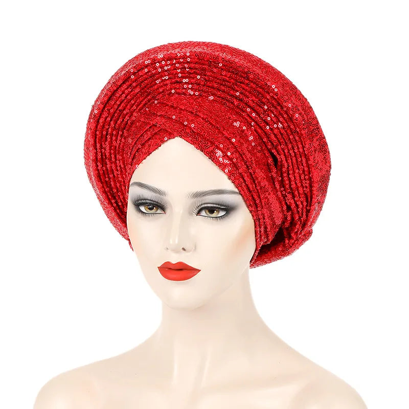 African Already Made Hat Auto Gele Women Hijab Headtie Nigeria Wedding Party Gele Female Head Wraps Headpiece Sequin Turban Caps