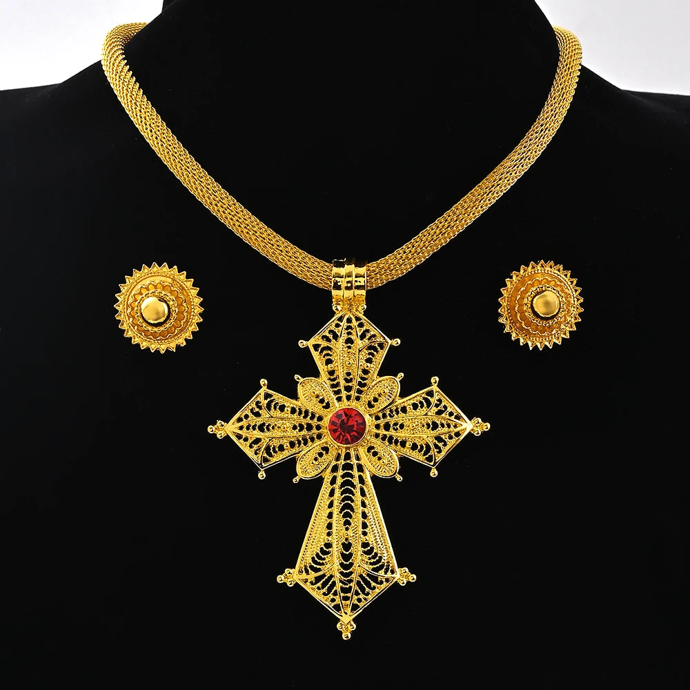 Saudi Arabia 24K Gold Color Ethiopia Women Jewelry Necklace Earring African Arab Bridal Set Habesha Eritrea Party Gift