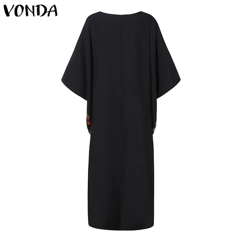 Plus Size VONDA Women Foral Printed Maxi Dress 2024 Causal Puff Sleeve Round Neck Bohemian Long Sundress Holiday Eelgant Vestido