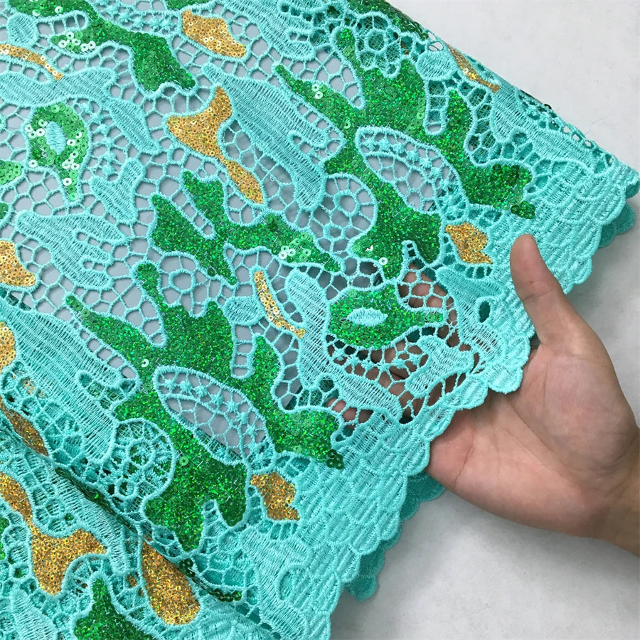Kalume African Sequins Lace Fabric 2025 High Quality Material Nigerian Guipure Cord Lace Fabric for Party Dress Sewing F4058
