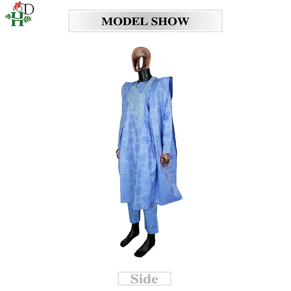 African Clothes Embroidery Blue Gown Plus Size For Men Elegant Party Wedding Thobe 3 PC Top and Pants Suits Set Daily Wear 2025