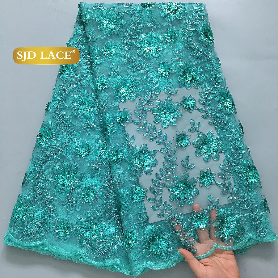 SJD LACE 5Yards Nigerian Tulle Mesh Lace Fabric 2025 High Quality French African Sequins Net Lace for Women Wedding Dresses 4173