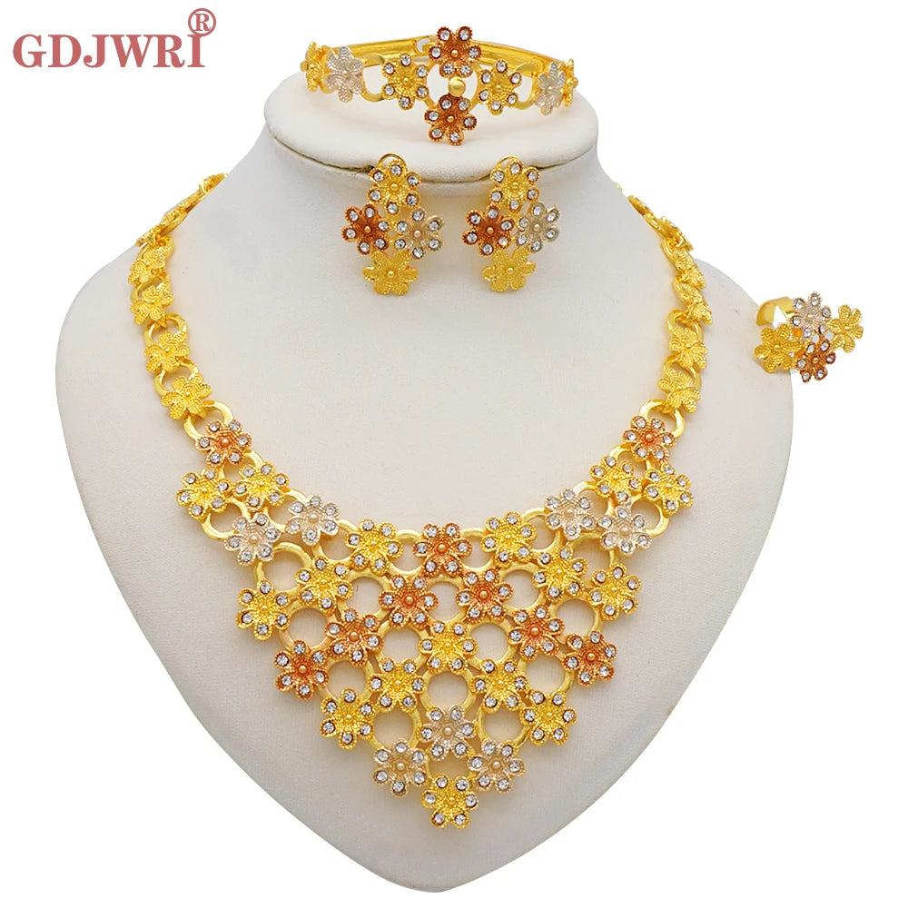 Necklace Sets For Women Dubai African Gold Color Jewelry Set Bride Earrings Rings Indian Nigerian Wedding Jewelery Set Gift