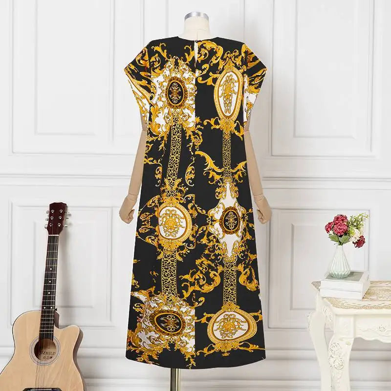 VONDA Plus Size 5XL Elegant Maxi Long Dress 2024 Fashion Satin Dress Sexy Printed Patchwork Bat-wing Sleeve Vestidos Ruffle Robe