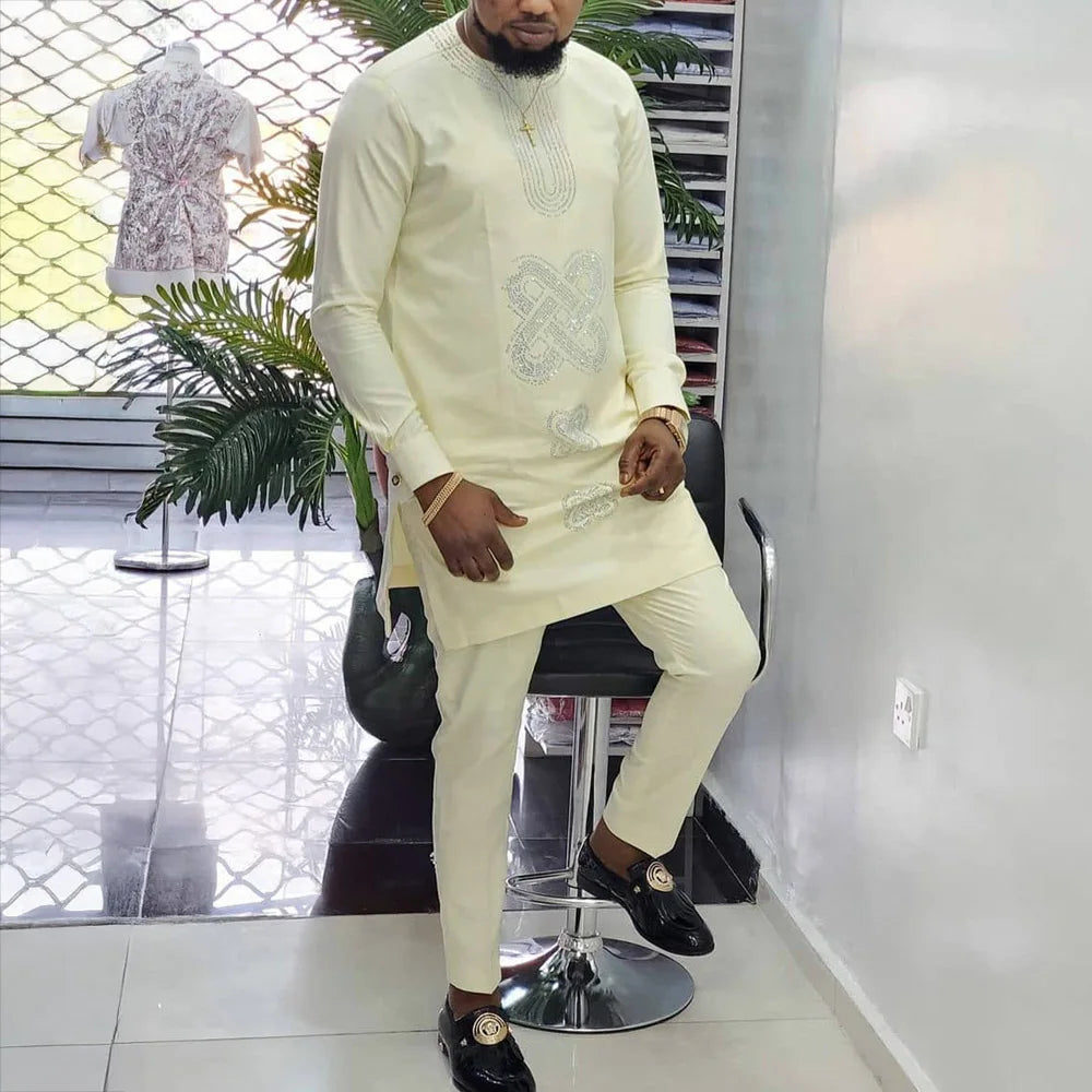 2026 Men's Elegant Long Sleeve Suit Shirt Pants 2-piece Round Neck Stitching Solid Color Party Long Sleeve African Ethnic Style