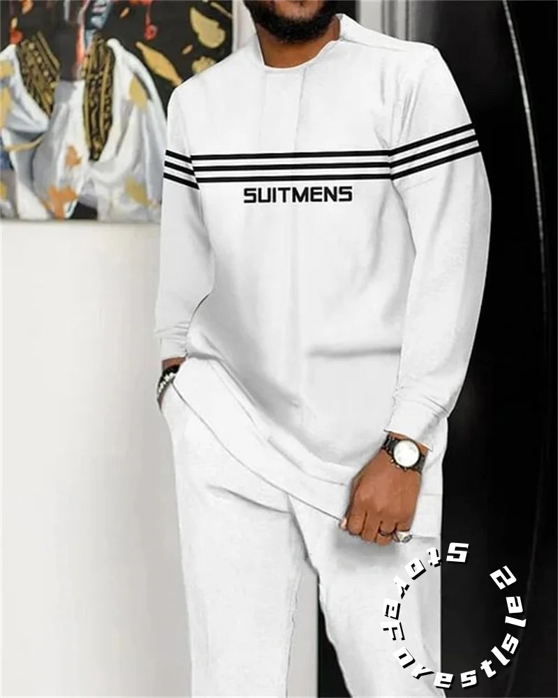 Men Tracskuit Set 2-piece Striped 3D Printed Casual Walking Suit Fashion Streetwear Long Sleeve T-Shirt Trousers Outfits