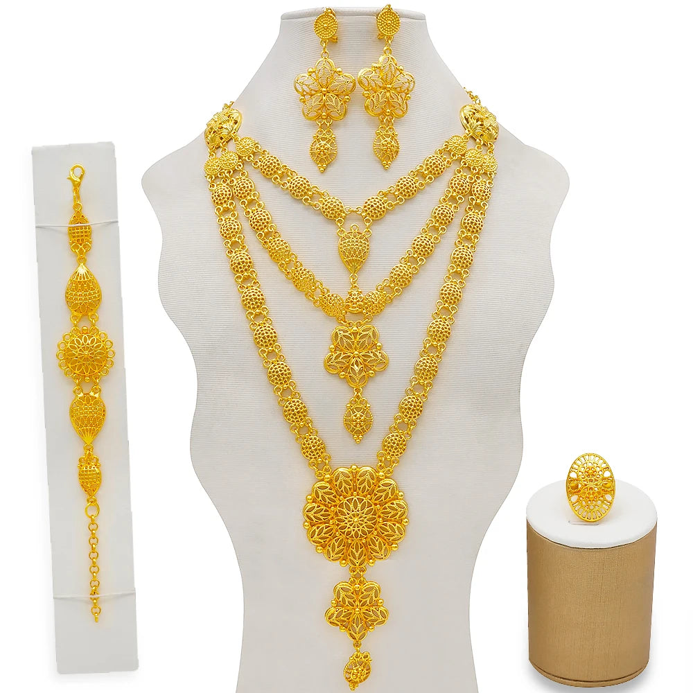 Dubai Gold Color Jewelry Set For Woman Bridal Nigerian African Long Chain Necklace Earrings Bracelet Ring Jewellery Set