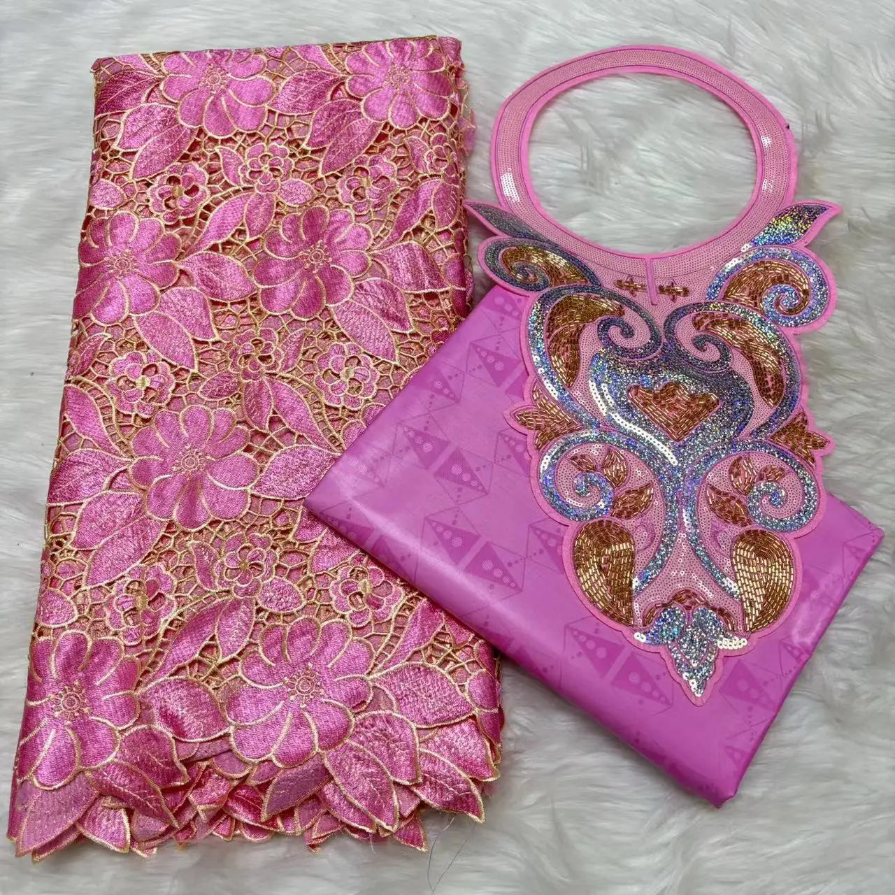 2024 High Quality 2.5yards Bazin Riche Brocade Fabric +2.5 Yards African Cotton Lace Fabric with Collar Set for Dress  M4-1212-1