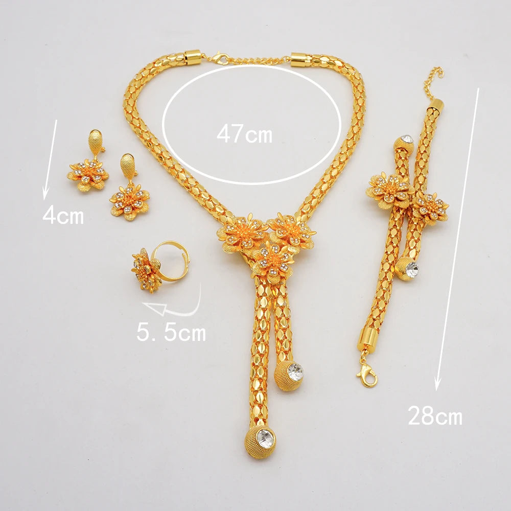 Trendy Nigerian Dubai Gold Color Jewelry Set For Women Tassel Long Chain Bridal Long Necklace Bracelet Earring Ring Wedding Sets