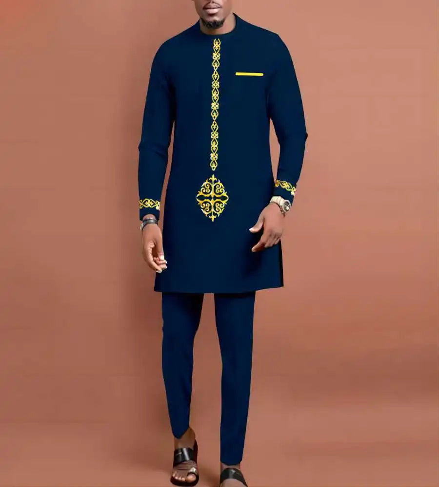 2025 New Men's Plaid Printing Casual Suit Long Sleeve Shirt Pants Two Pieces African Traditional Clothing Muslim Kaftan Outfits