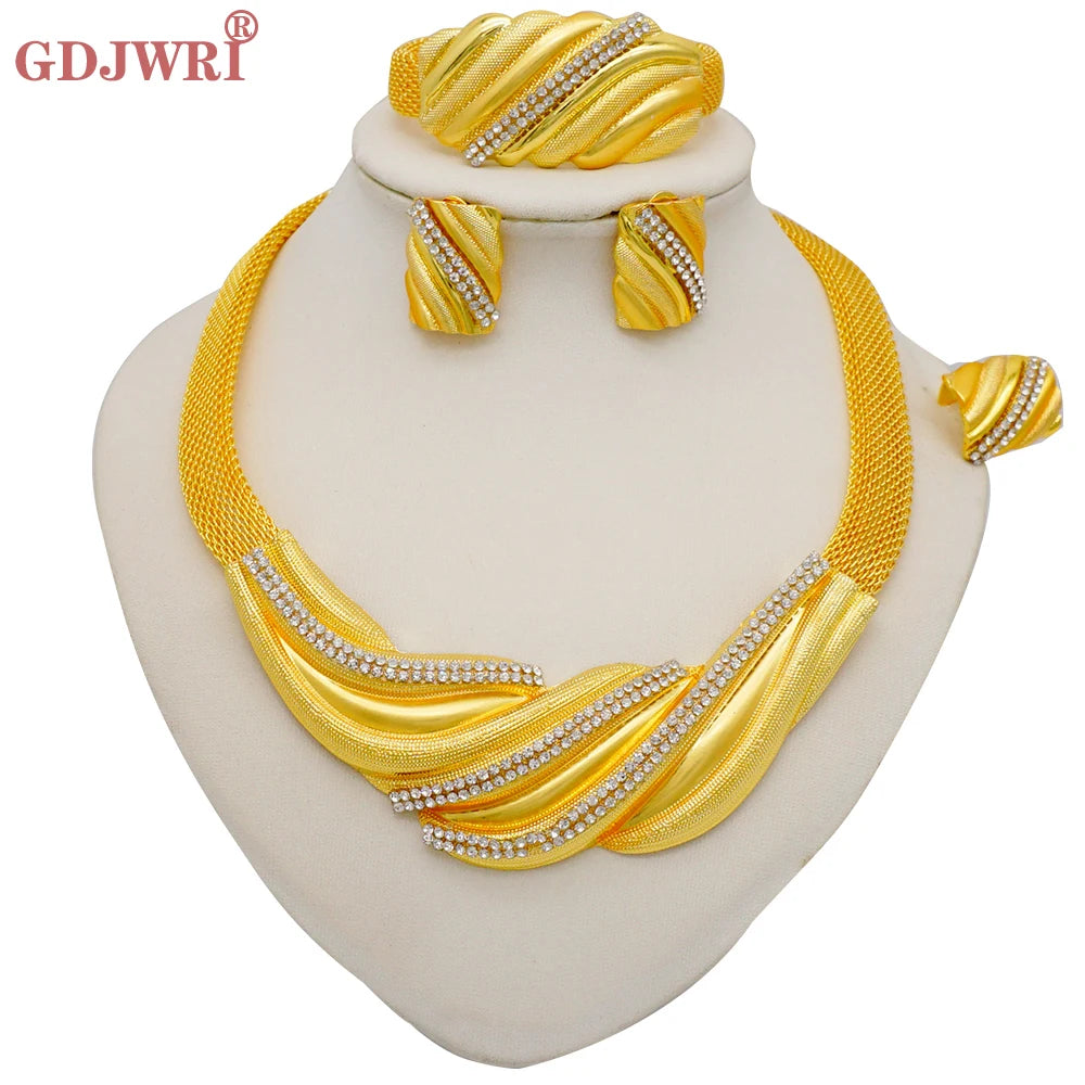Necklace Sets For Women Dubai African Gold Color Jewelry Set Bride Earrings Rings Indian Nigerian Wedding Jewelery Set Gift