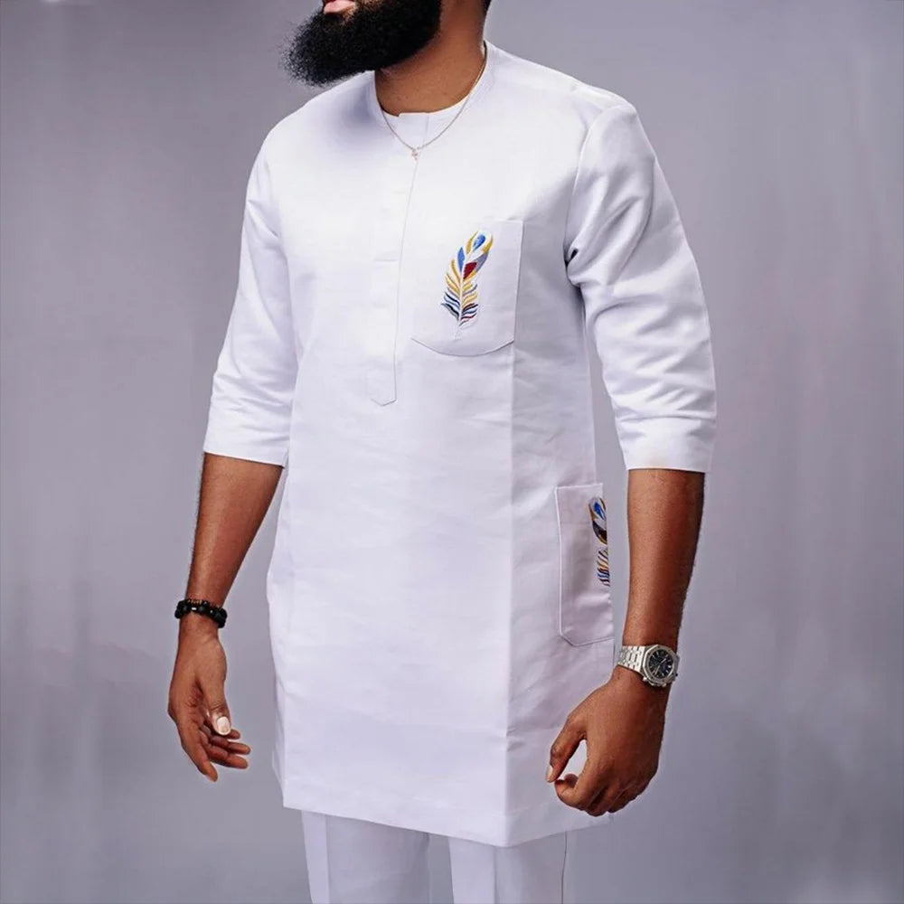 Dashiki Men Clothing 2 Pieces Long Sleeve Outfit African Clothes For Men Solid Color Casual Riche Shirt Pant Full Men‘s Suits