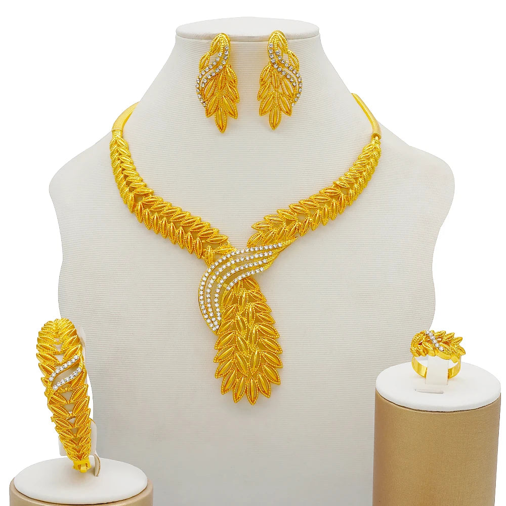 Nigeria Dubai Gold Color Fine Flowers Jewelry Sets African Wedding Gifts Party For Women Bracelet Necklace Earrings Ring Set