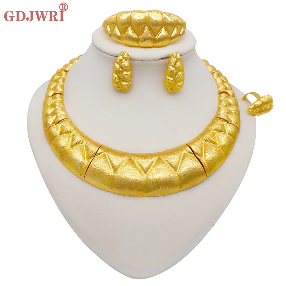 Necklace Sets For Women Dubai African Gold Color Jewelry Set Bride Earrings Rings Indian Nigerian Wedding Jewelery Set Gift