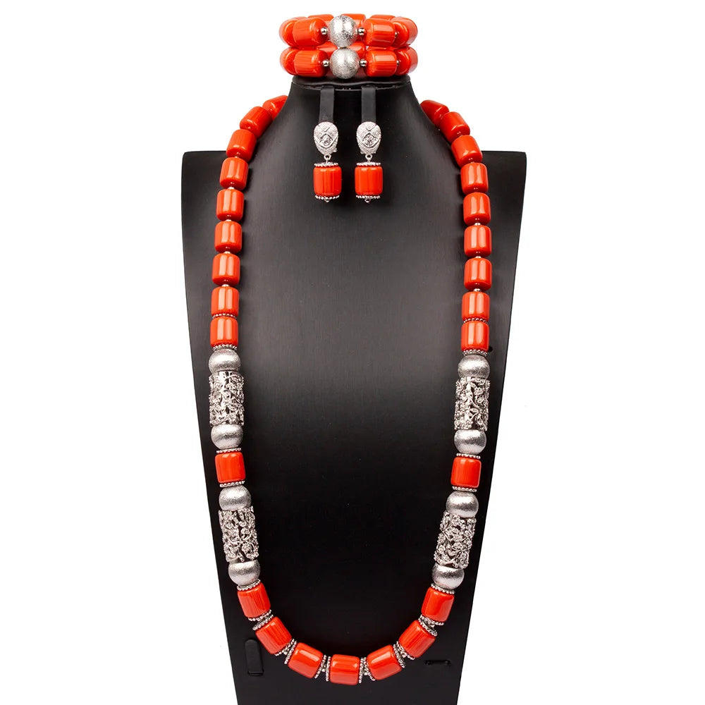 Long Fashion Wedding Beads Necklace White Artificial Coral Bridal Jewelry Sets African Beads Jewelry Set  ABK261