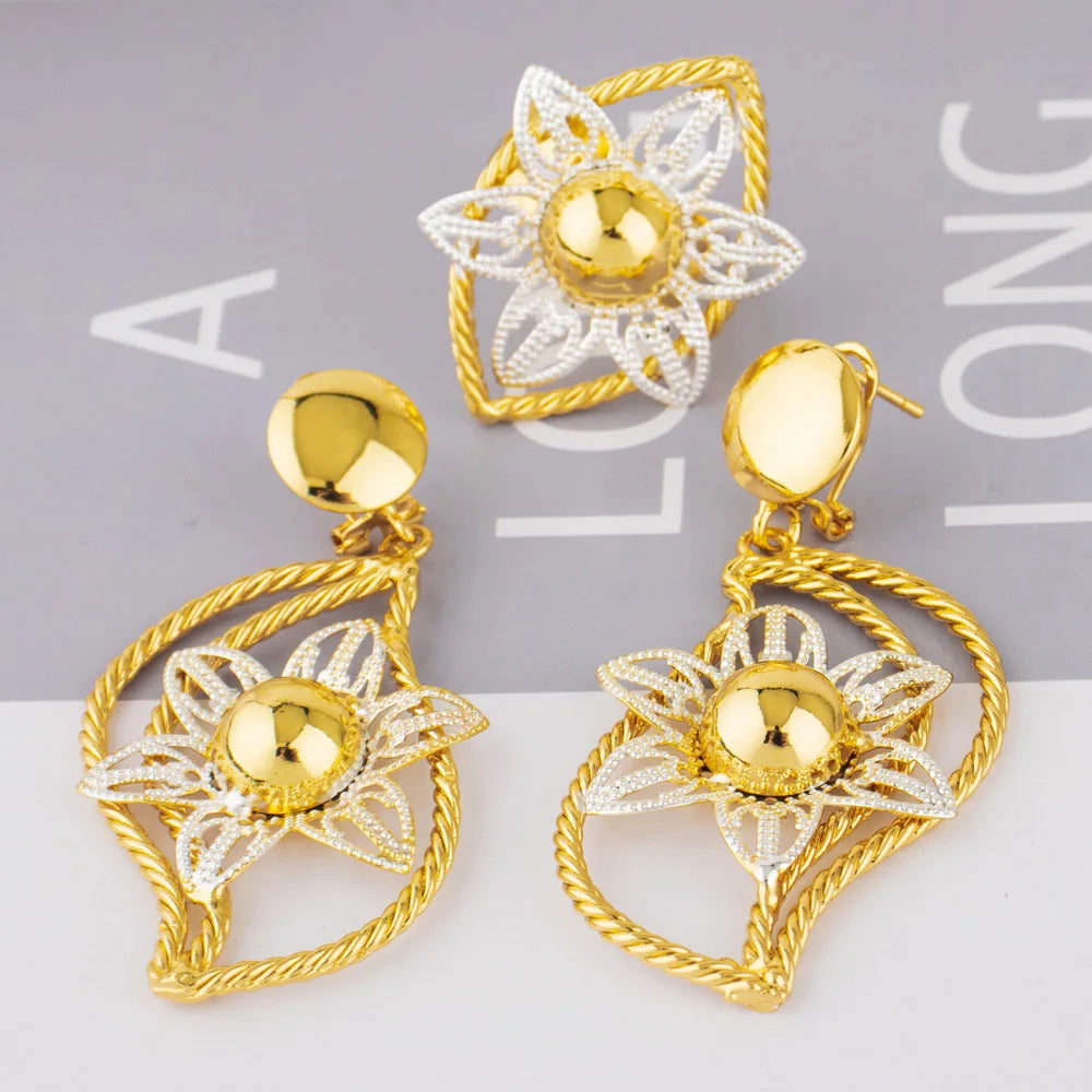 Exaggerated Gold Color Hollow Flower Shape Necklace Earrings Ring Bracelet Set for Women Gold Plated Jewelry Gift for Party