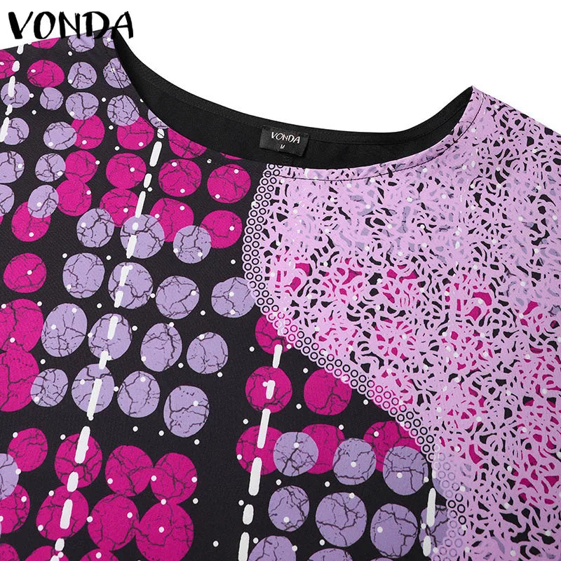 Plus Size VONDA Women Party Dress 2024 Bohemian Printing Sundress Casual Loose 3/4 Sleeve Robe Vintage Bat-wing Sleeve Vestidos