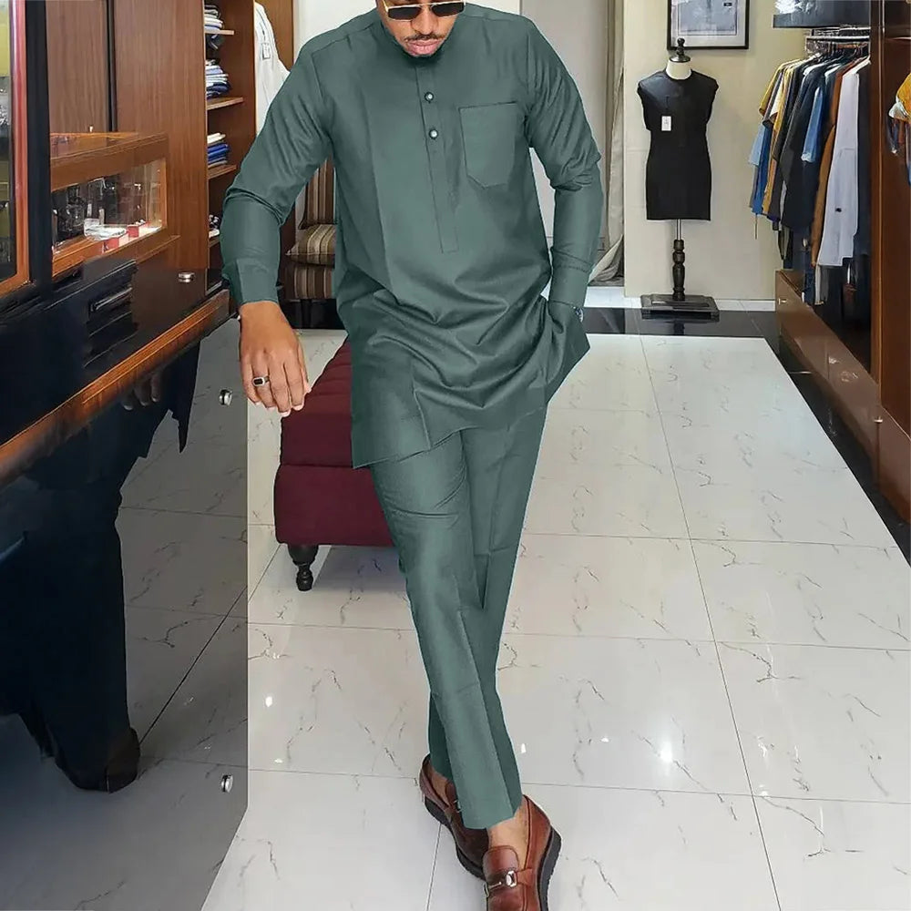 Dashiki Men Clothing 2 Pieces Long Sleeve Outfit African Clothes For Men Solid Color Casual Riche Shirt Pant Full Men‘s Suits