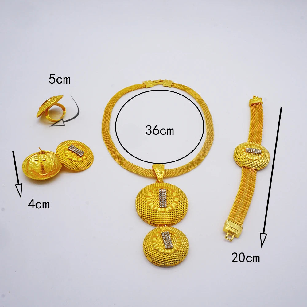 Trendy Nigerian Dubai Gold Color Jewelry Set For Women Tassel Long Chain Bridal Long Necklace Bracelet Earring Ring Wedding Sets